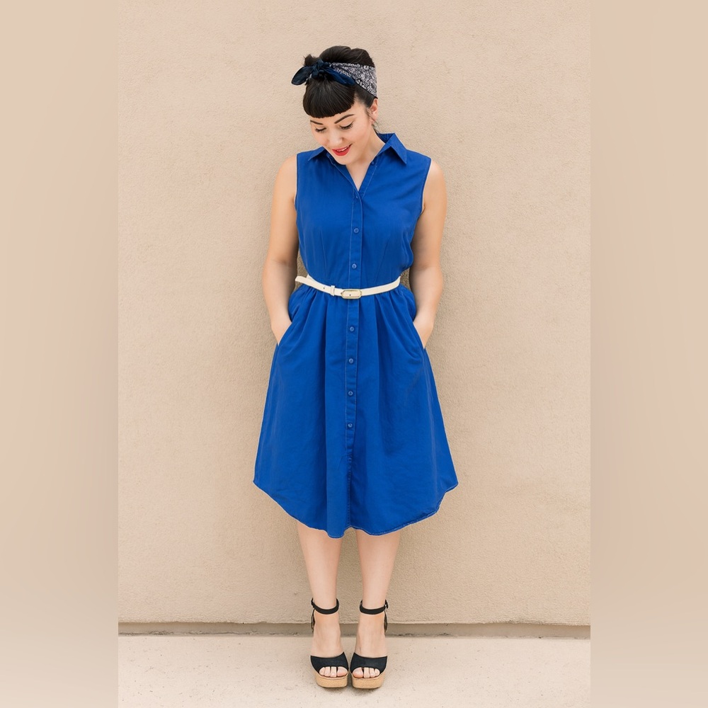 100% Cotton Sleeveless Shirt Dress with Pockets!